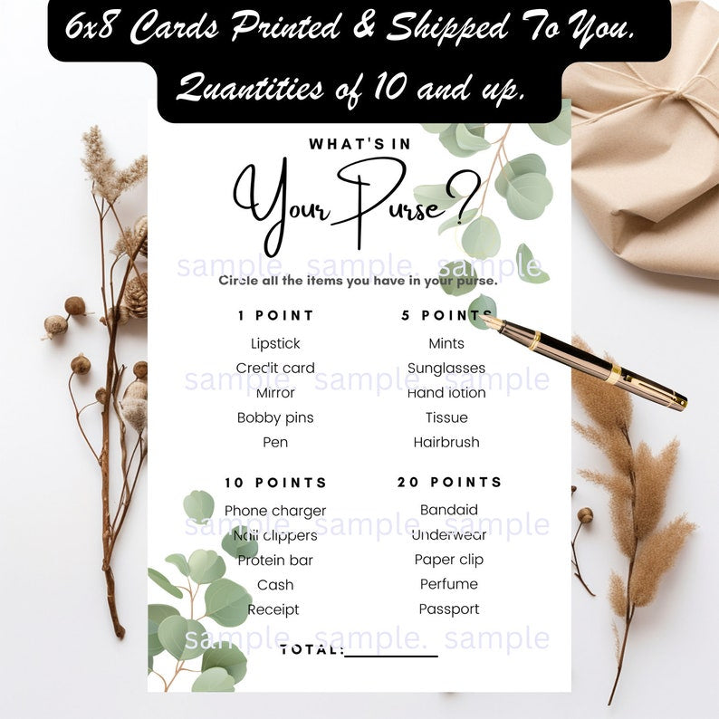 What's In Your Purse Game, Printed + Shipped, Bridal Shower Game, Wedding Shower Game, Purse Game,Minimalist Bridal Shower, Bridal Games